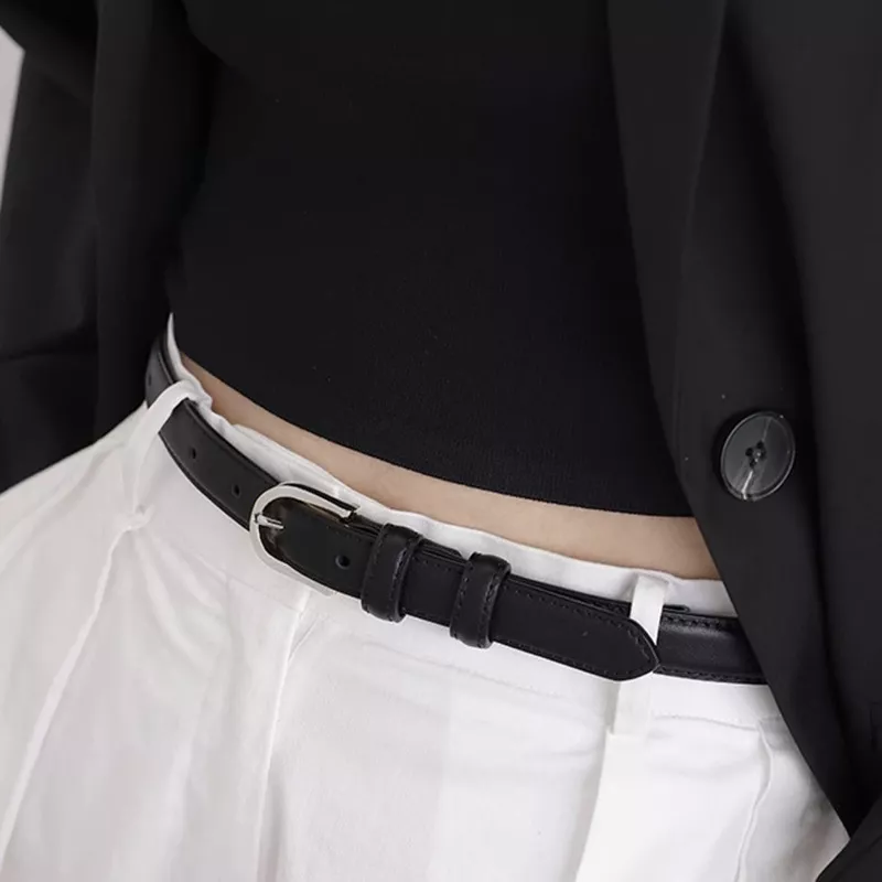 Skinny Leather Belt with Silver Buckle