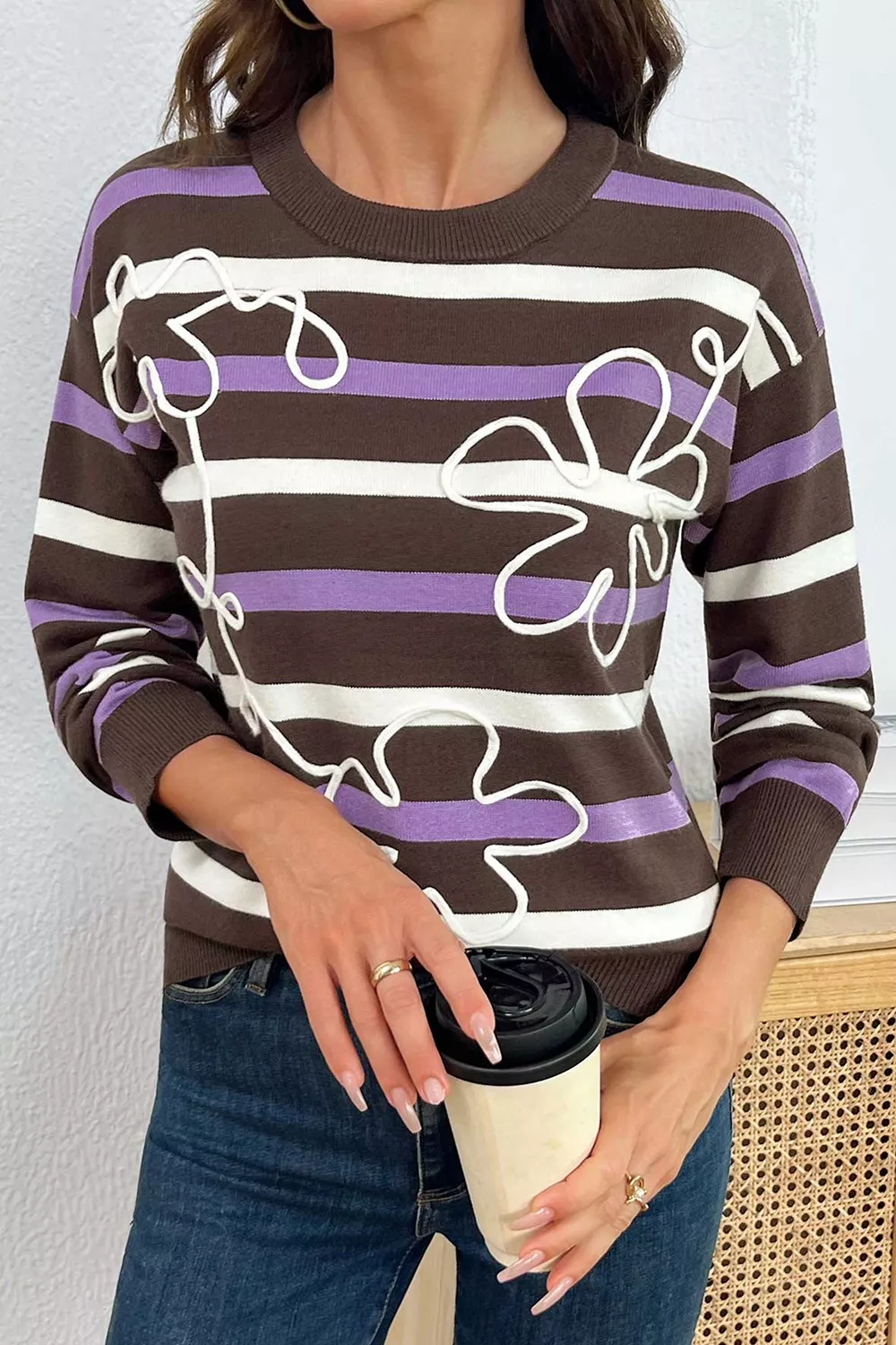 Stripe Embroidered Detail Drop Shoulder Sweater, image 9