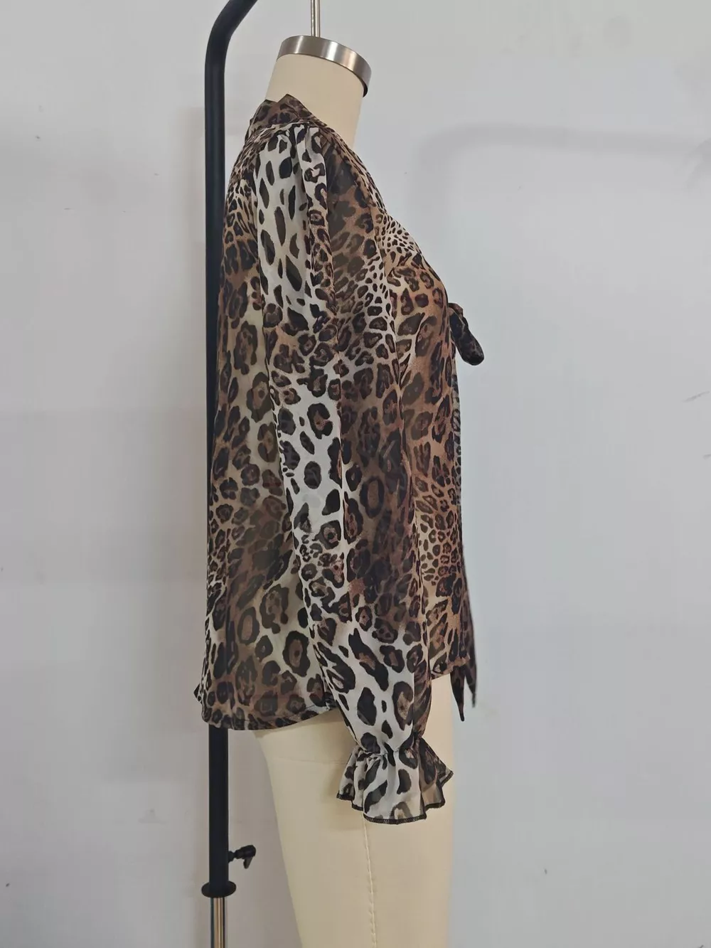 Leopard Print Chiffon Blouse with Tie-Neck and Long Sleeves, image 5