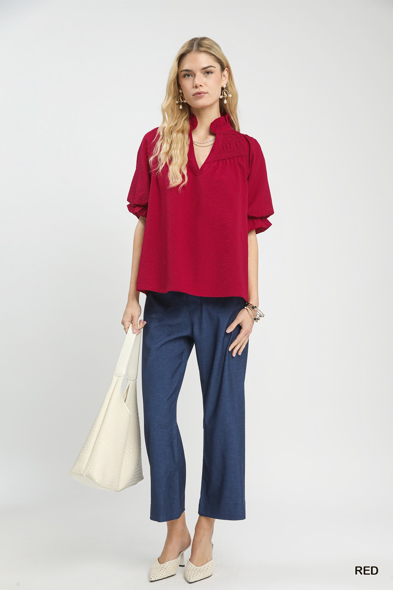 Textured Smocked Yoke Split-Neck Top, image 5