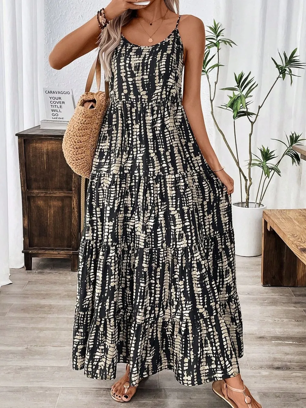 Printed Scoop Neck Maxi Cami Dress, image 3