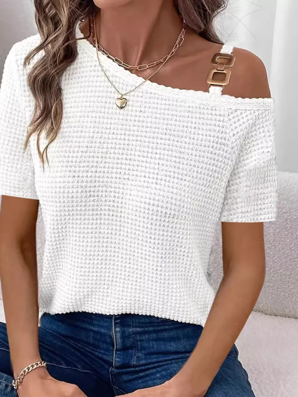 One-Shoulder Chain Detail Waffle Knit T-Shirt, image 6