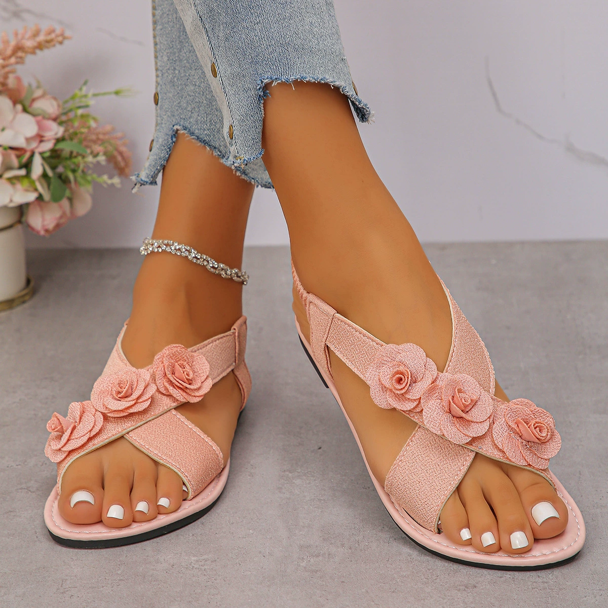 Floral Embellished Elastic Slingback Sandals, image 5