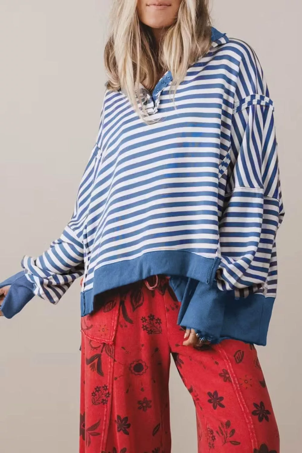 Stripe Color Block Trim Raw Seam Split Hem Loose Sweatshirt, image 2