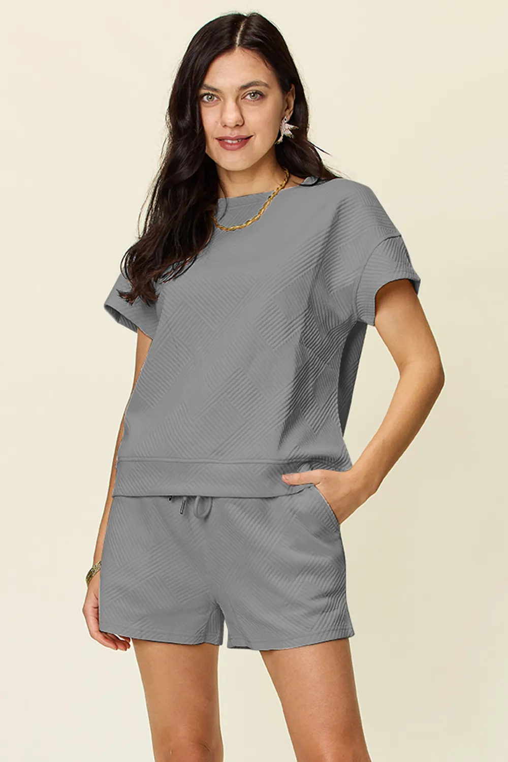 Full Size Texture Short Sleeve T-Shirt and Drawstring Shorts Set, image 35