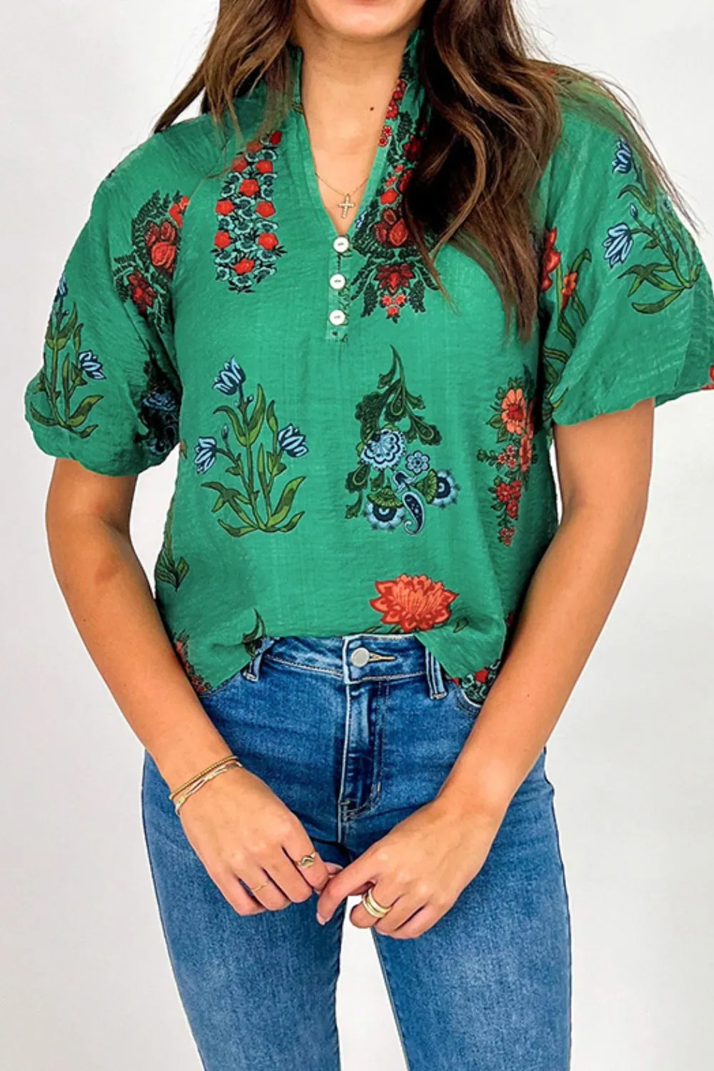Floral Print Notched Short Sleeve Blouse, image 8