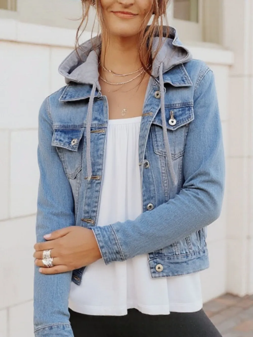 Full Size Button Up Drawstring Hooded Denim Jacket Plus Size, image 4