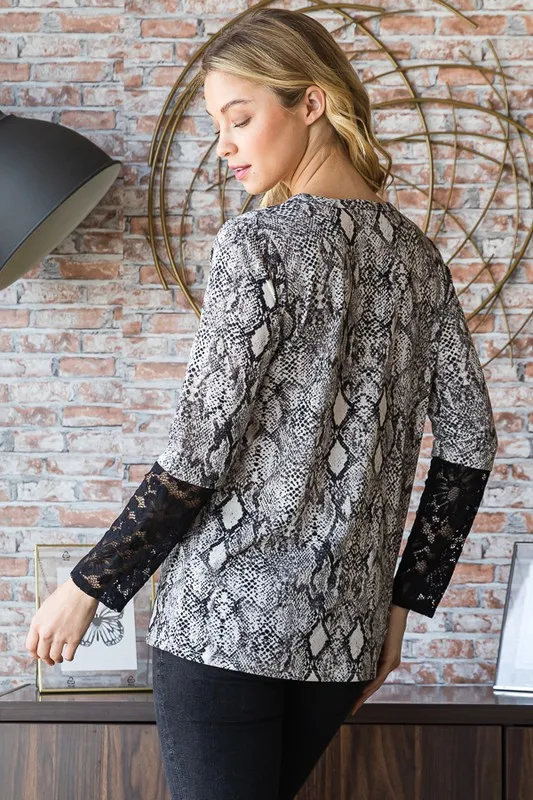 Full Size Snakeskin Print Round Neck Lace Contrast Top, image 6