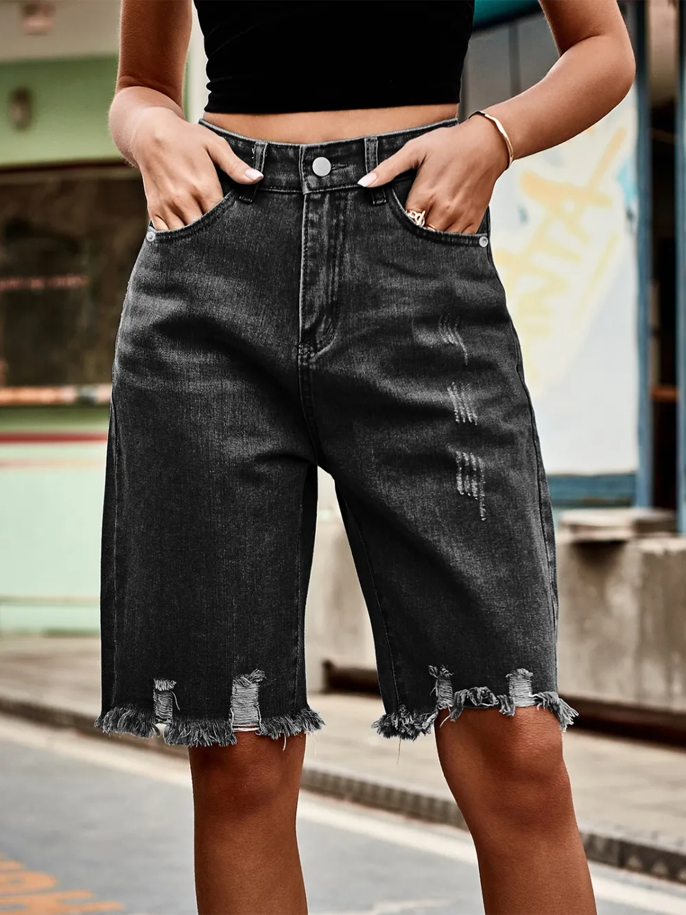 Raw Hem Denim Shorts, image 9