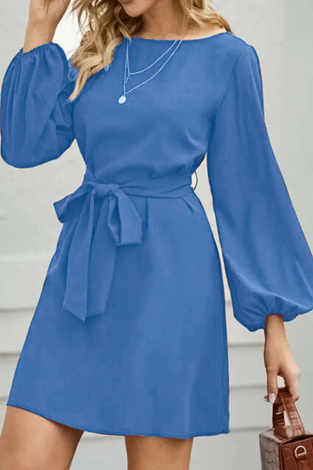 Tied Boat Neck Balloon Sleeve Mini Dress, image 10