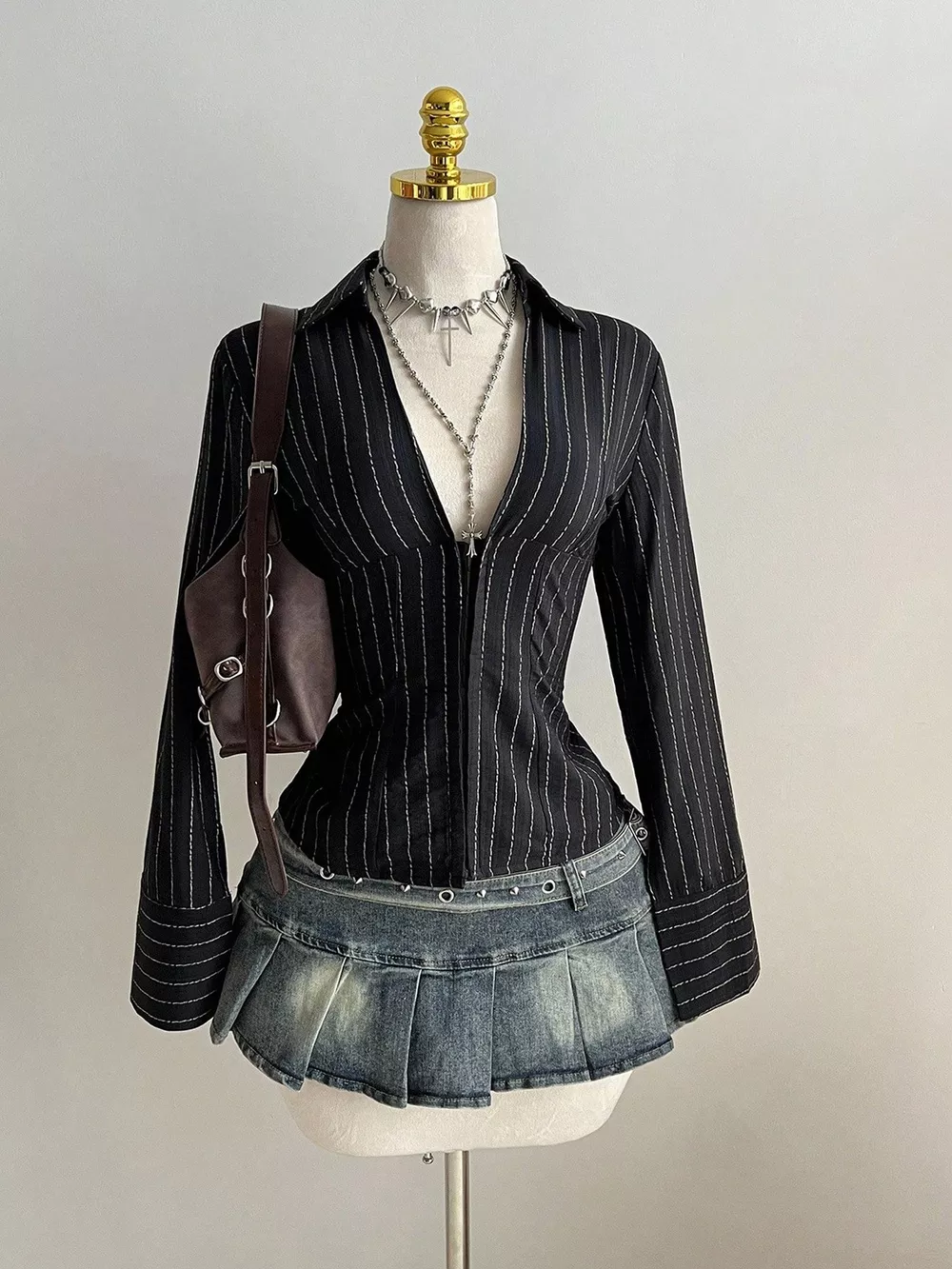 Striped Long Sleeve Fitted Blouse, image 6