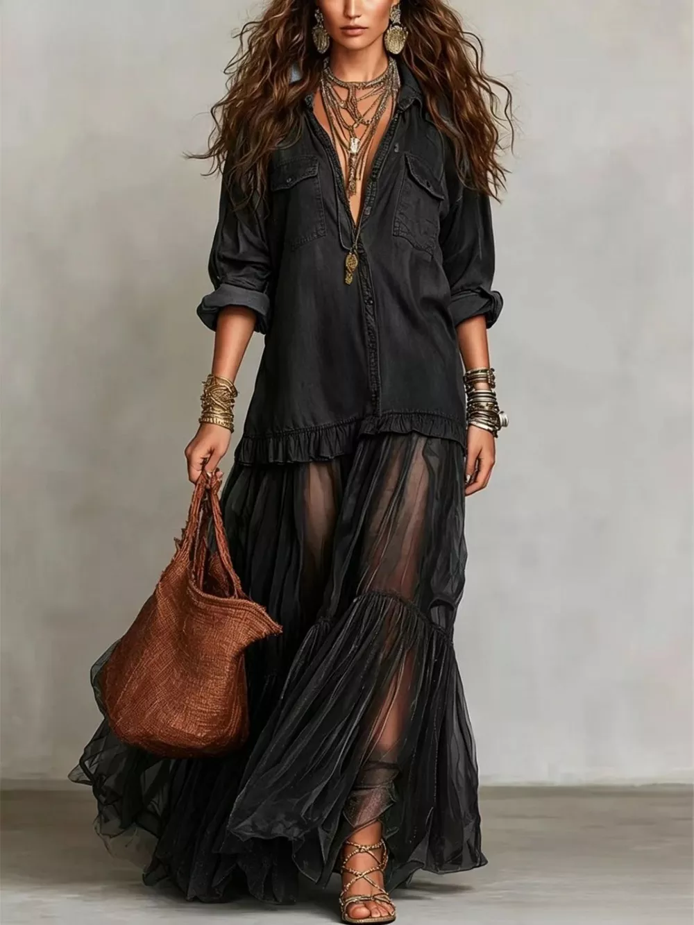 Long Sleeve Sheer Ruffle Maxi Dress, image 4