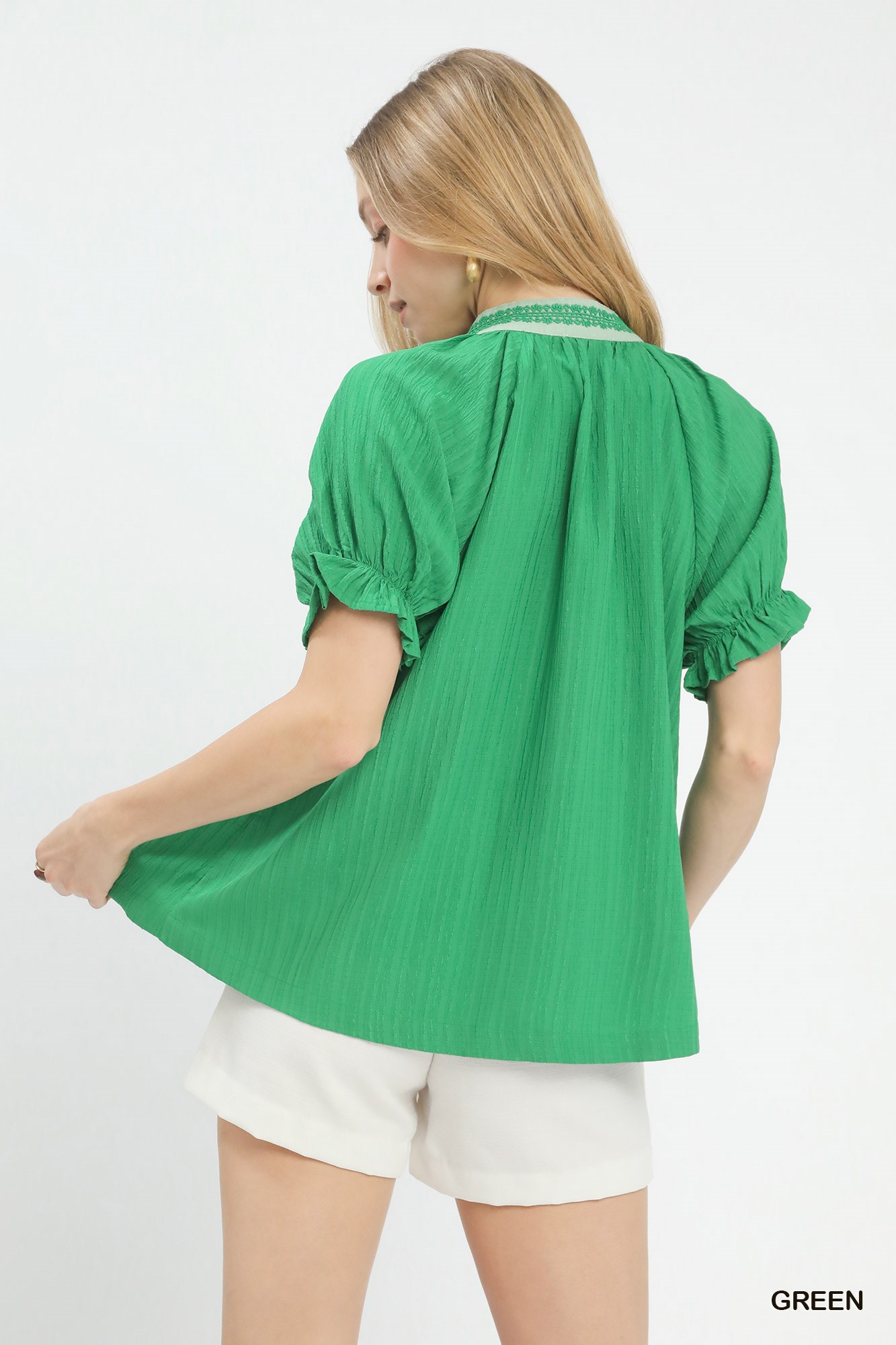 Textured V-Neck Top with Lace Trim Details, image 5