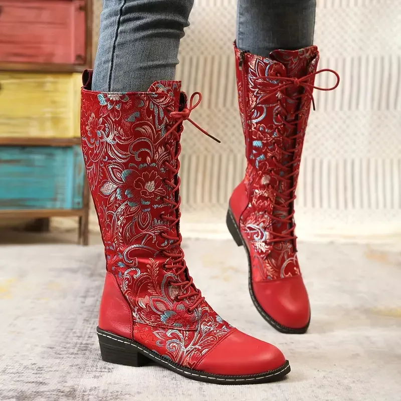 Embroidered Lace-Up Knee High Boots, image 3