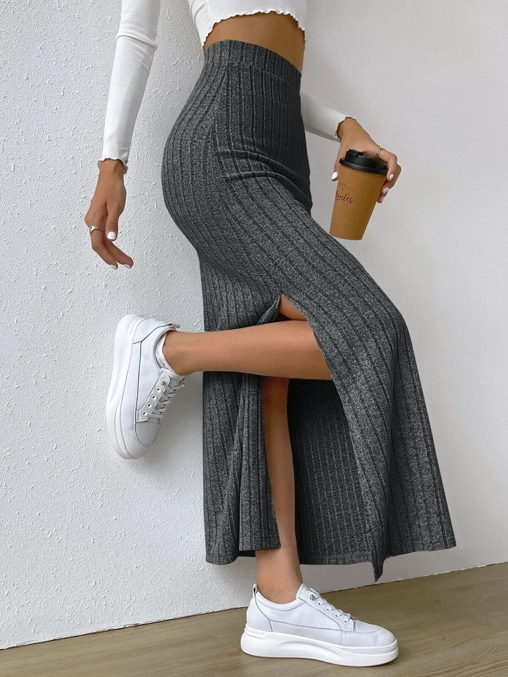 High Waist Ribbed Knit Maxi Skirt, image 16