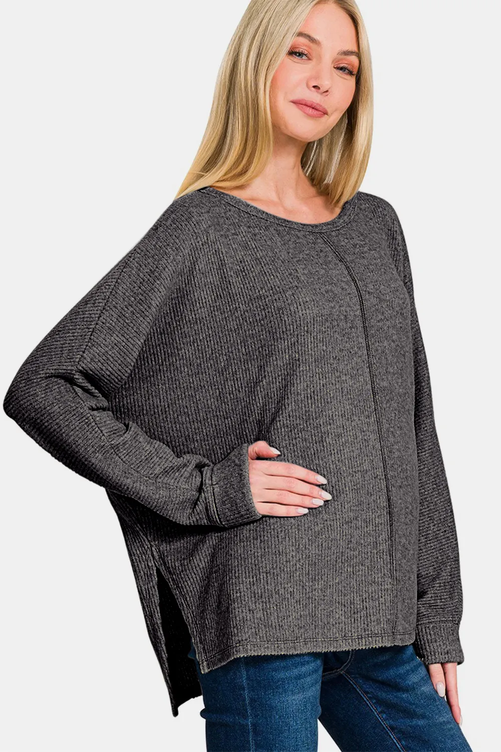 High-Low Side Slit Round Neck T-Shirt, image 2