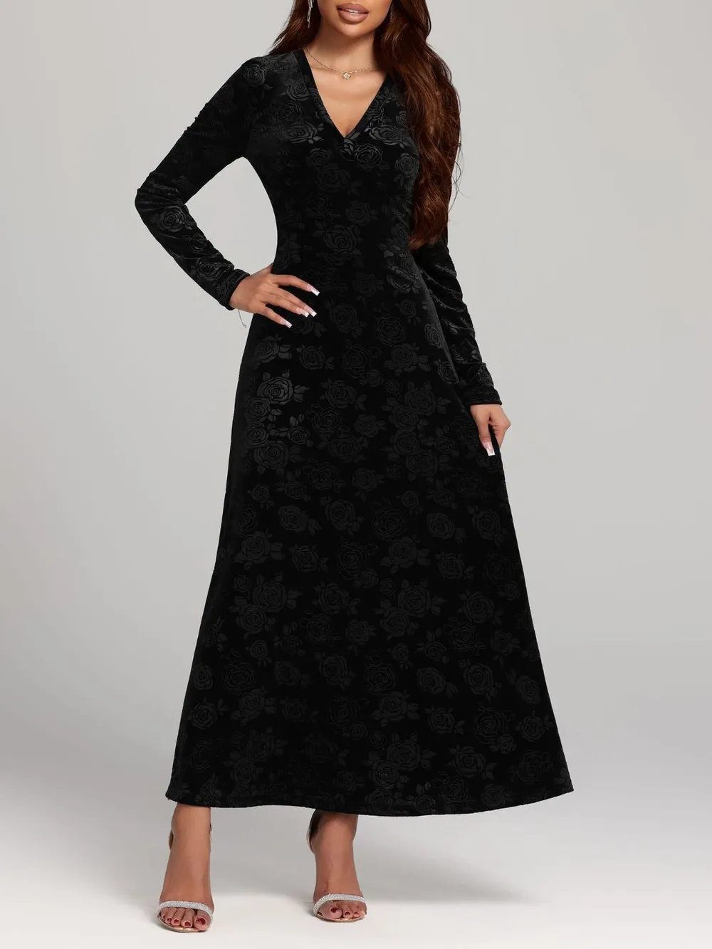 Rose Print V-Neck Long Sleeve Dress, image 3