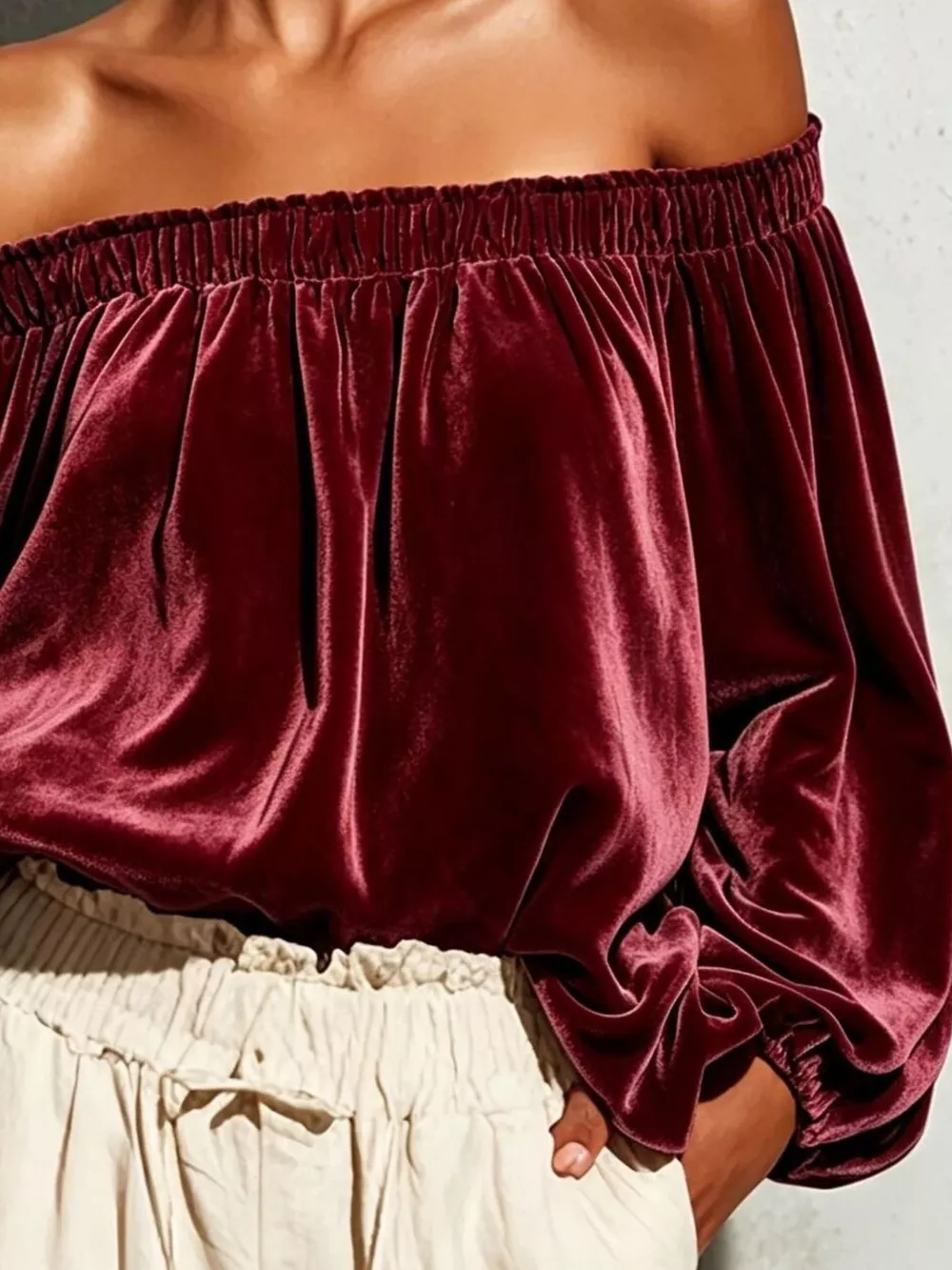 Off-Shoulder Velvet Long Sleeve T-Shirt, image 14
