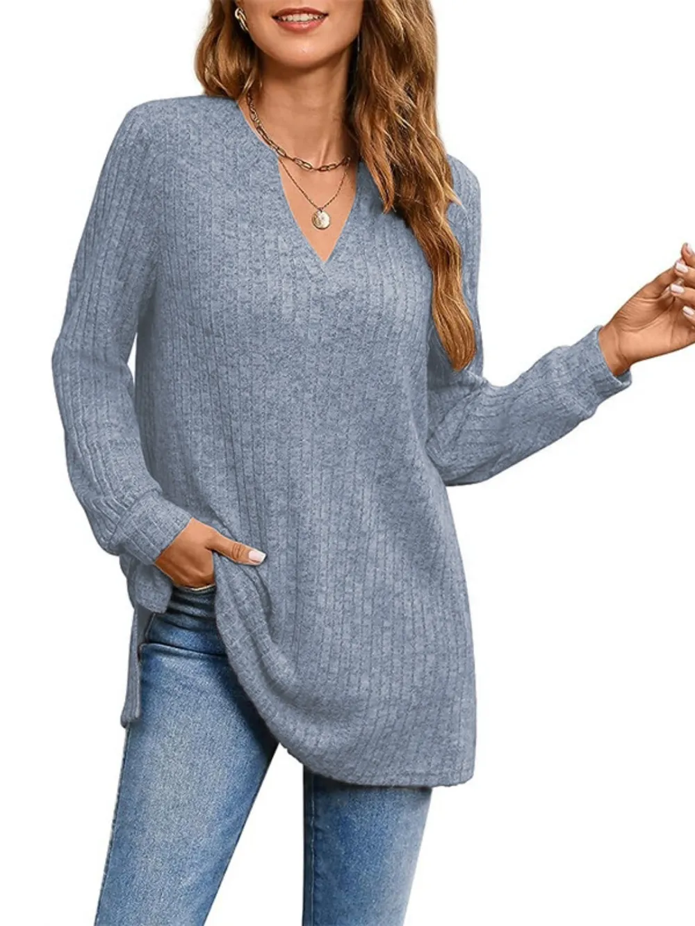 Ribbed Notched Long Sleeve T-Shirt, image 6