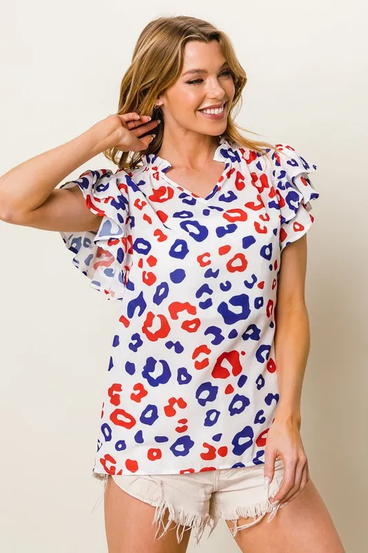 Leopard Notched Ruffled Cap Sleeve Blouse, image 3