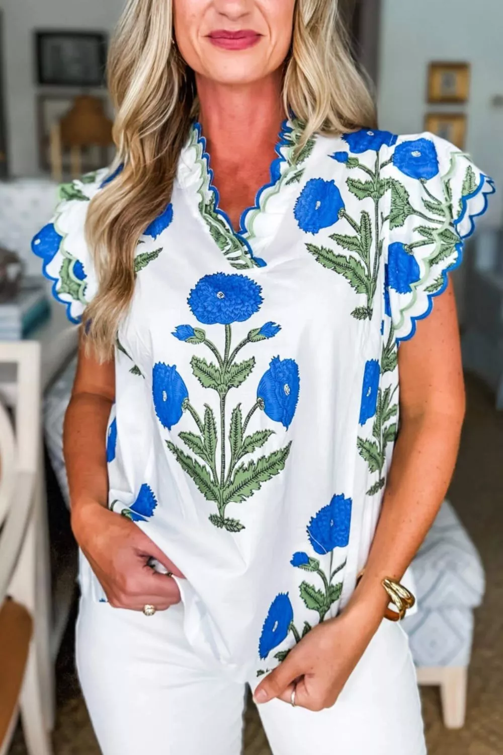 Contrast Scallop Trim Layered Short Sleeve V Neck Blouse, image 17