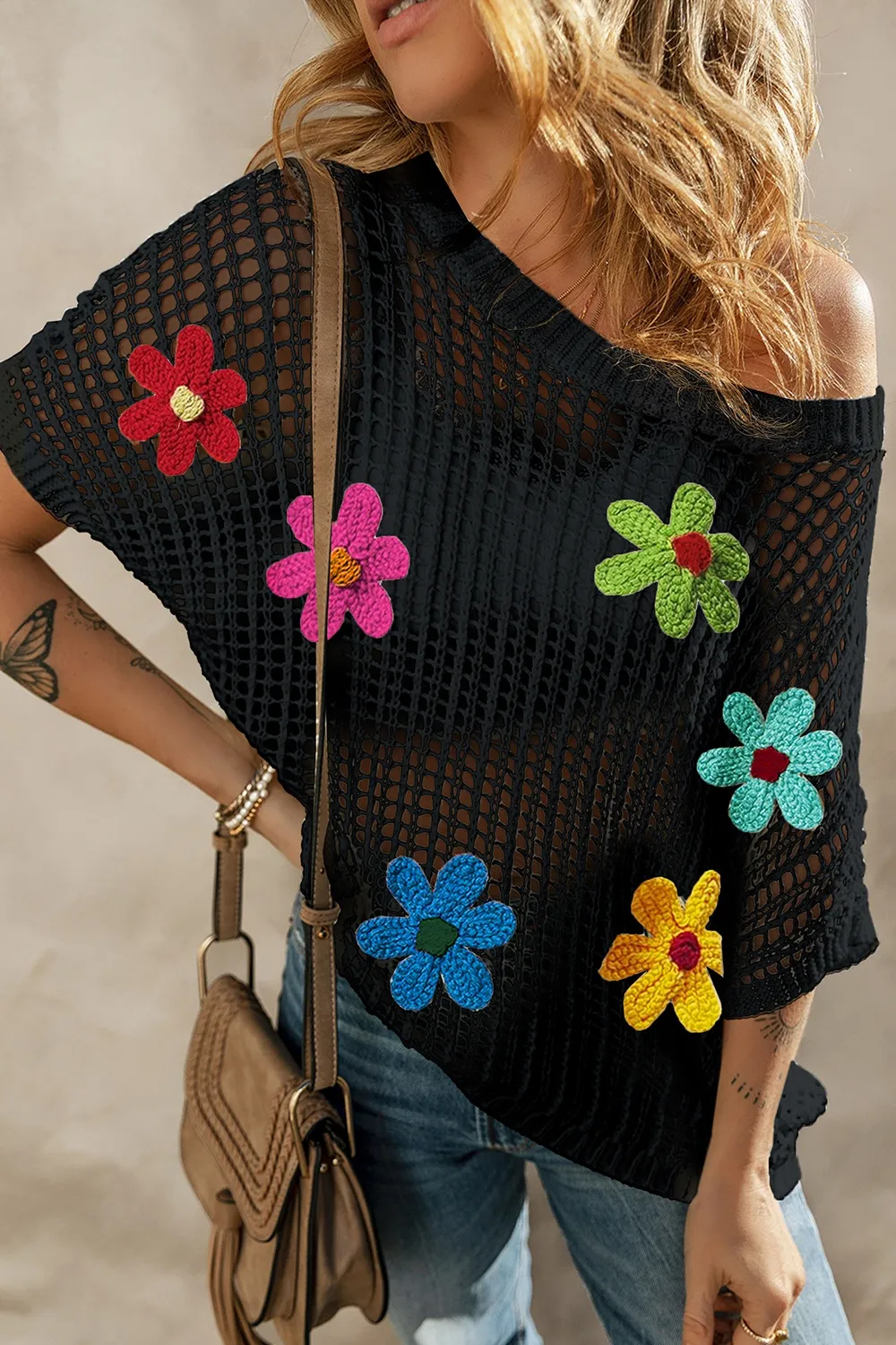 Flower Round Neck Half Sleeve Knit Cover Up, image 8