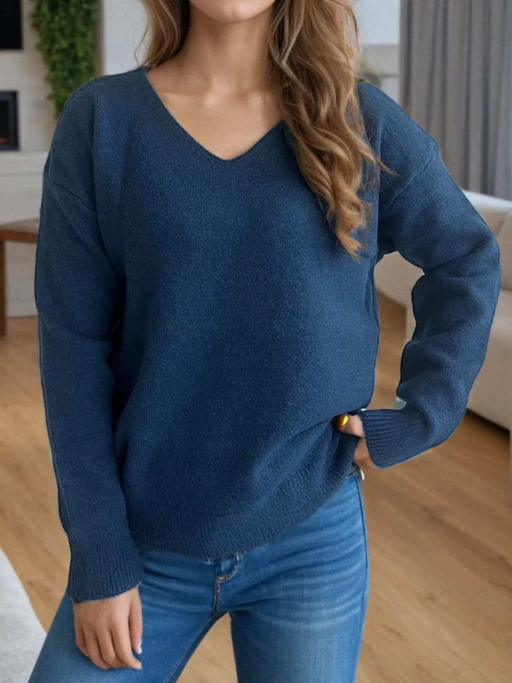 V-Neck Dropped Shoulder Long Sleeve Sweater, image 6