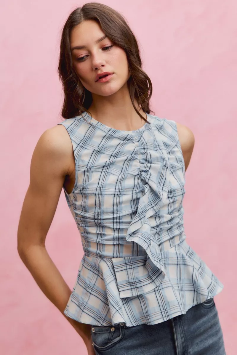 Plaid Sleeveless Ruffle Peplum Top