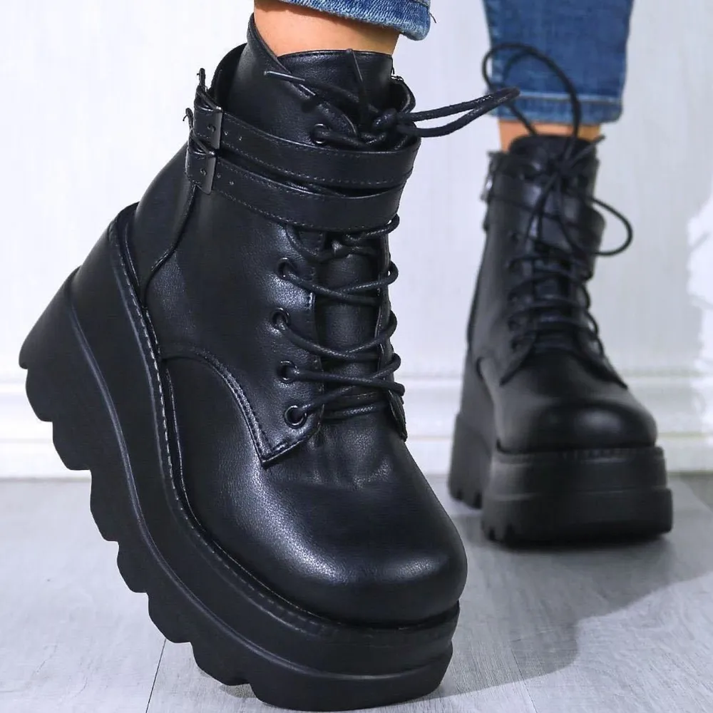 PU Leather Lace-Up Wedge Boots, image 4