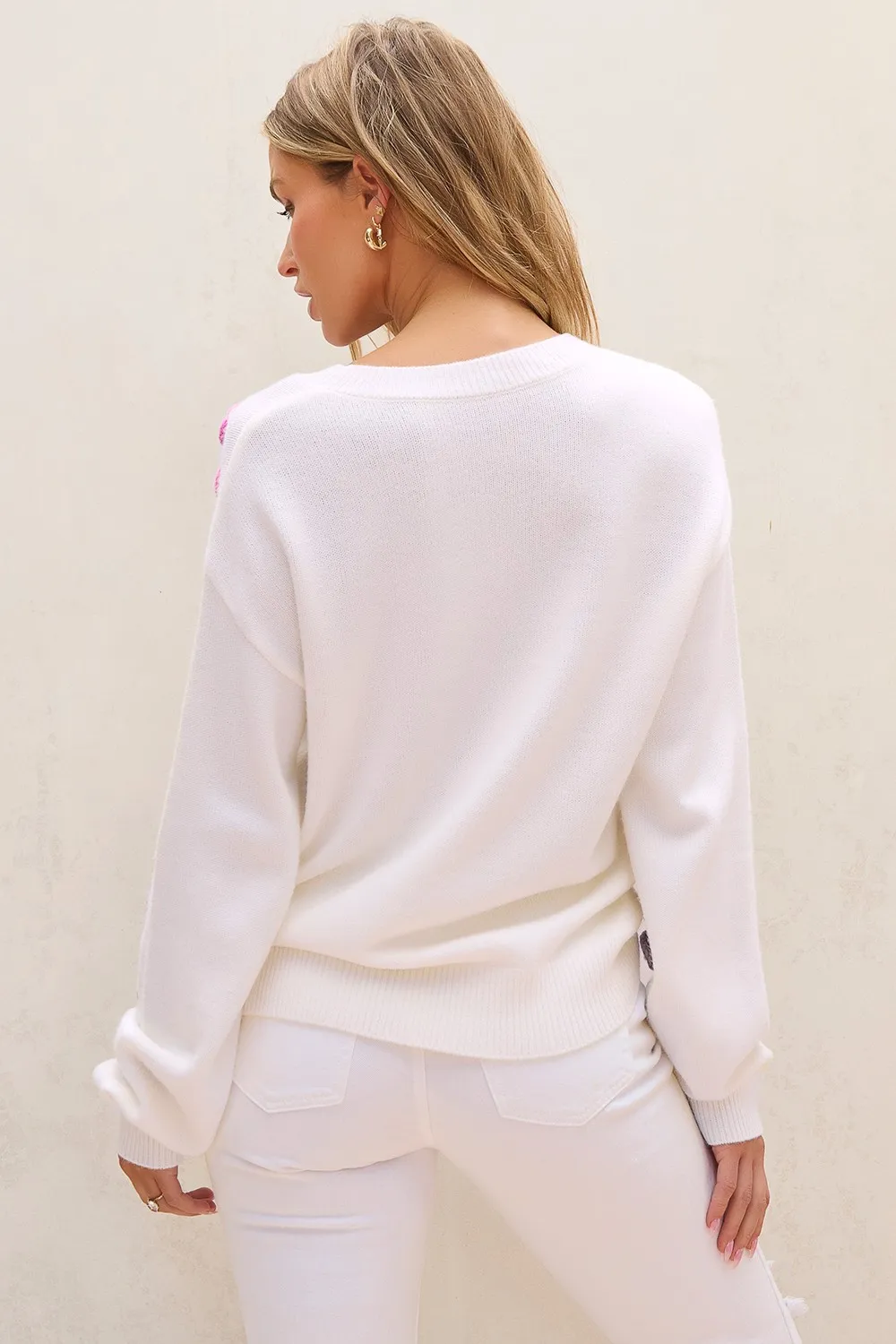 Crochet Flower Round Neck Long Sleeve Sweater, image 9