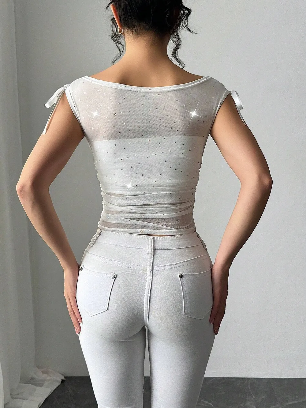 Glitter Stars Sheer Mesh Ruched Crop Top, image 2