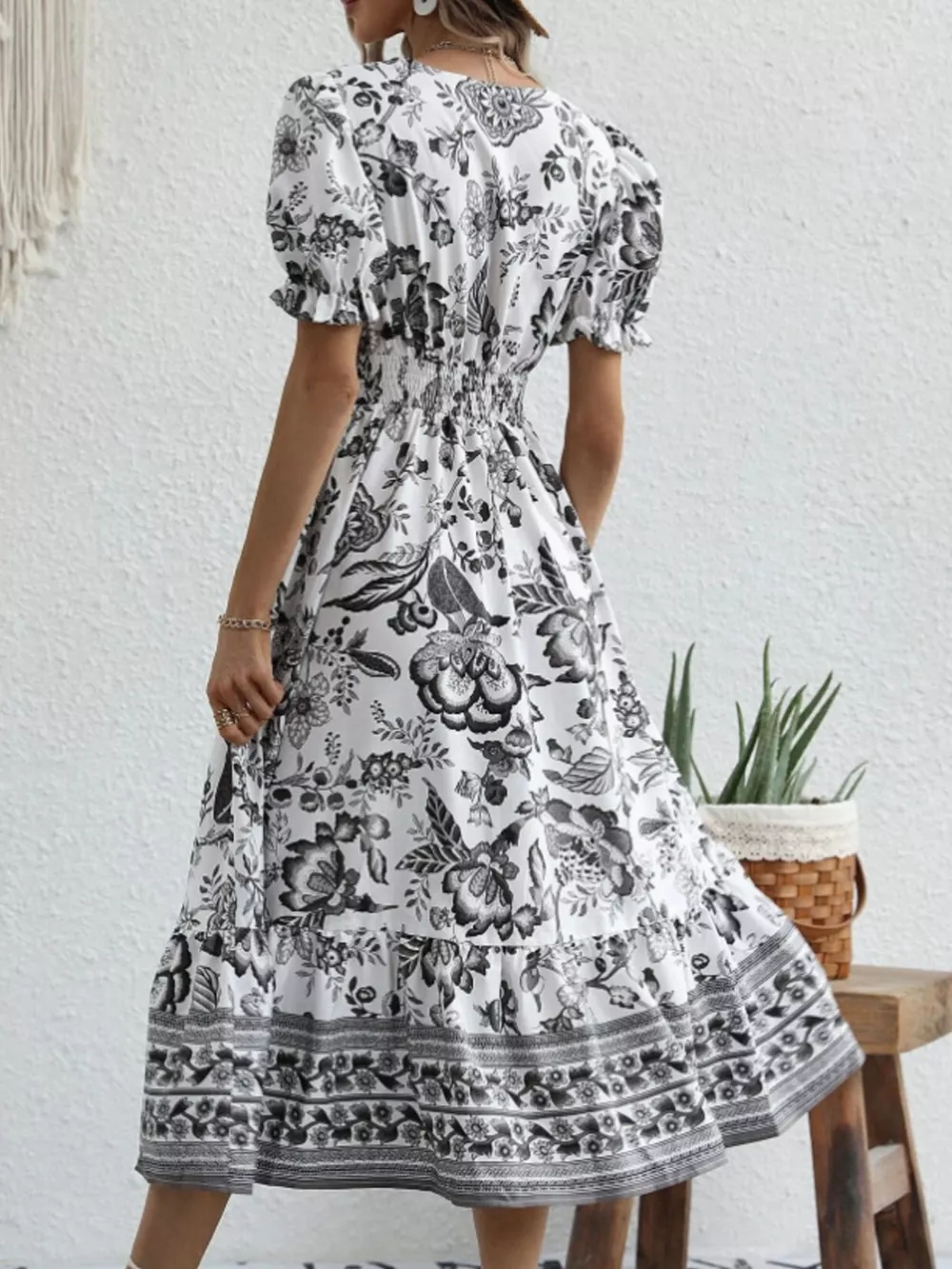 Floral Print Puff Sleeve Wrap Midi Dress, image 30
