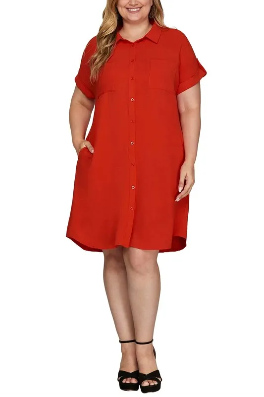 Full Size Button Down Short Sleeve Woven Shirt Dress Plus Size, image 2
