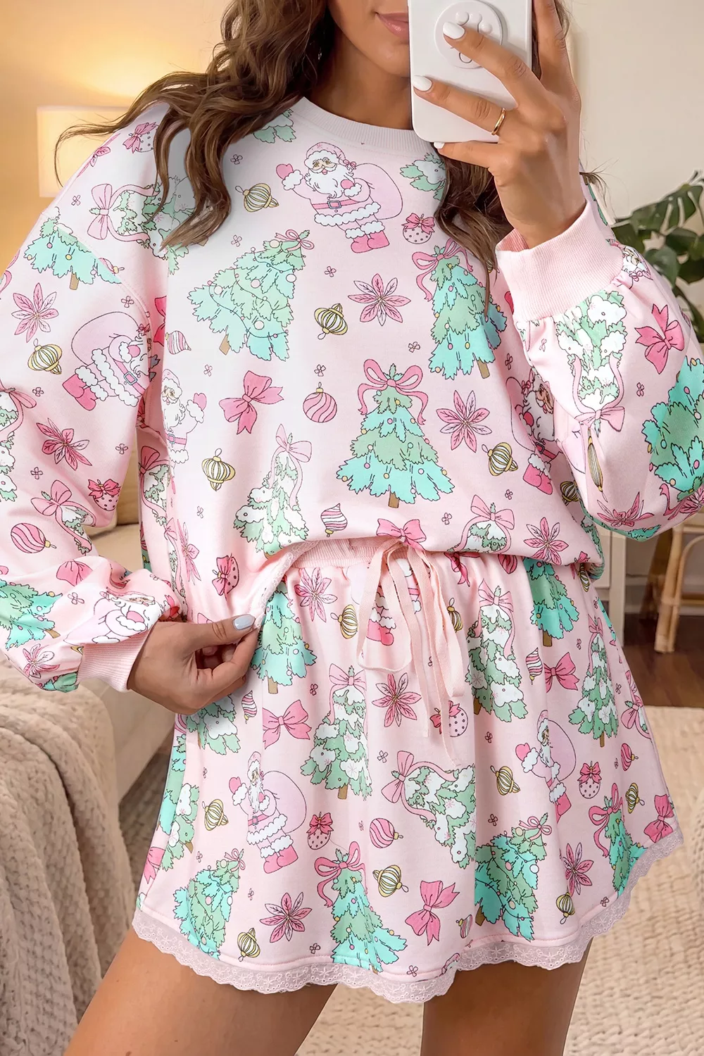 Floral Print Lace Trim Long Sleeve Top and Skirt Set, image 3