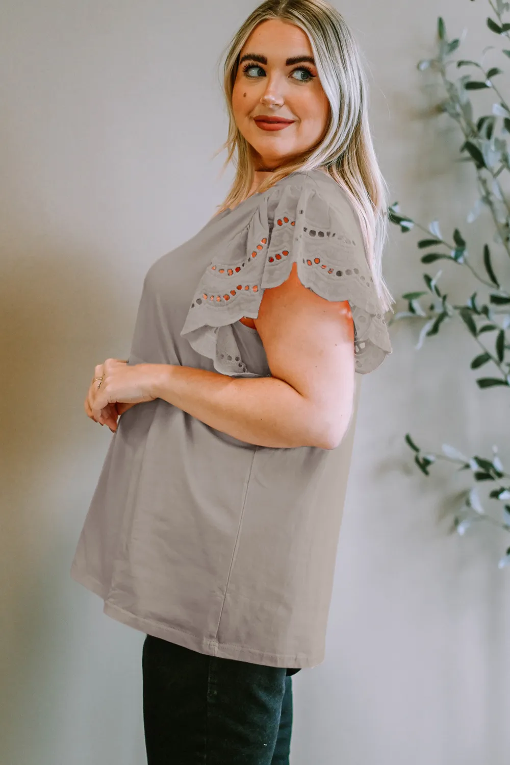 Plus Size Eyelet Round Neck Short Sleeve Blouse, image 15