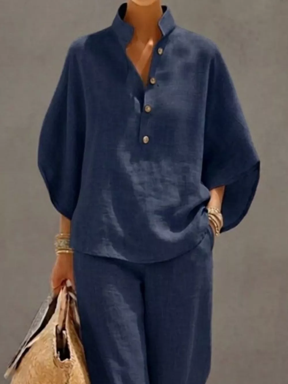 Full Size Button Detail 3/4 Sleeve Top and Pants Set Plus Size, image 12