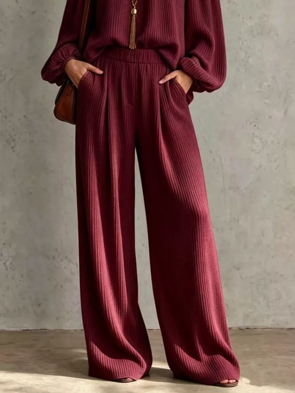 Off-Shoulder Crisscross Cutout Ribbed Knit Top and Wide-Leg Pants Set, image 12