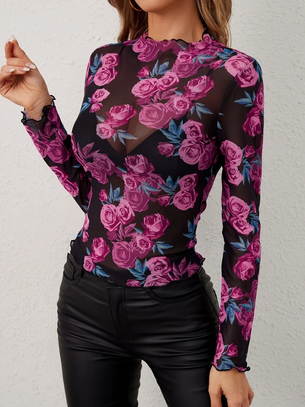 Floral Mock Neck Long Sleeve Top, image 5