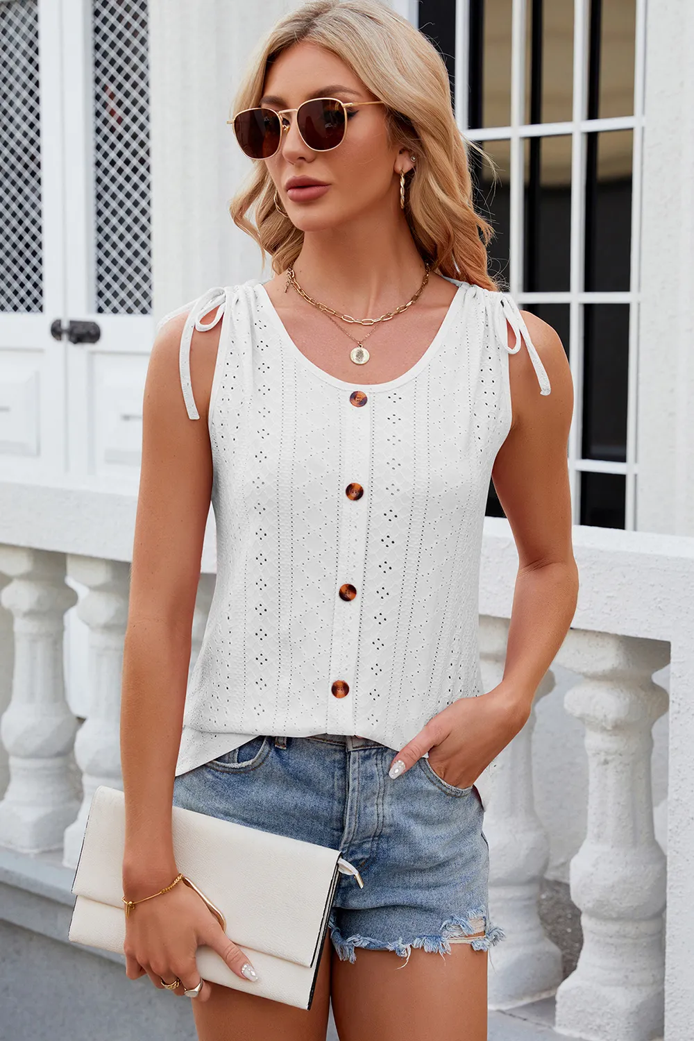 Eyelet Round Neck Wide Strap Tank, image 6