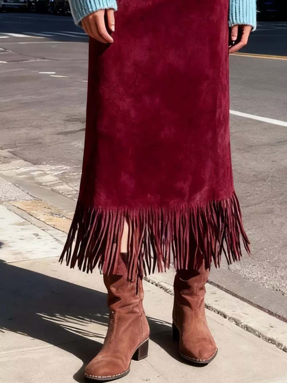 High-Waisted Suede Fringe Midi Skirt, image 9