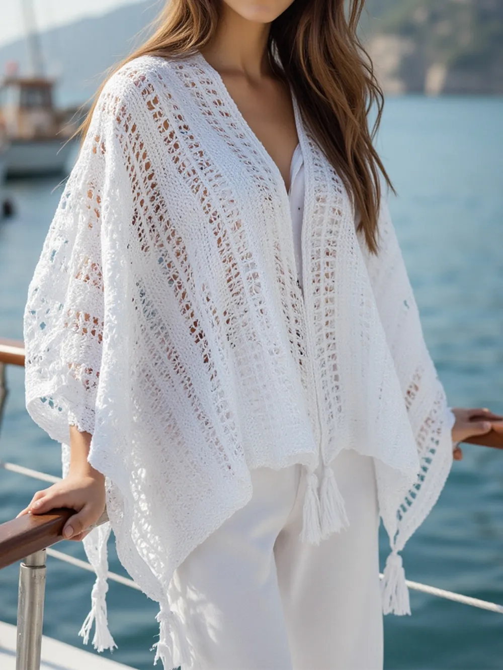 Openwork Tassel Open Front Knit Cover Up, image 12