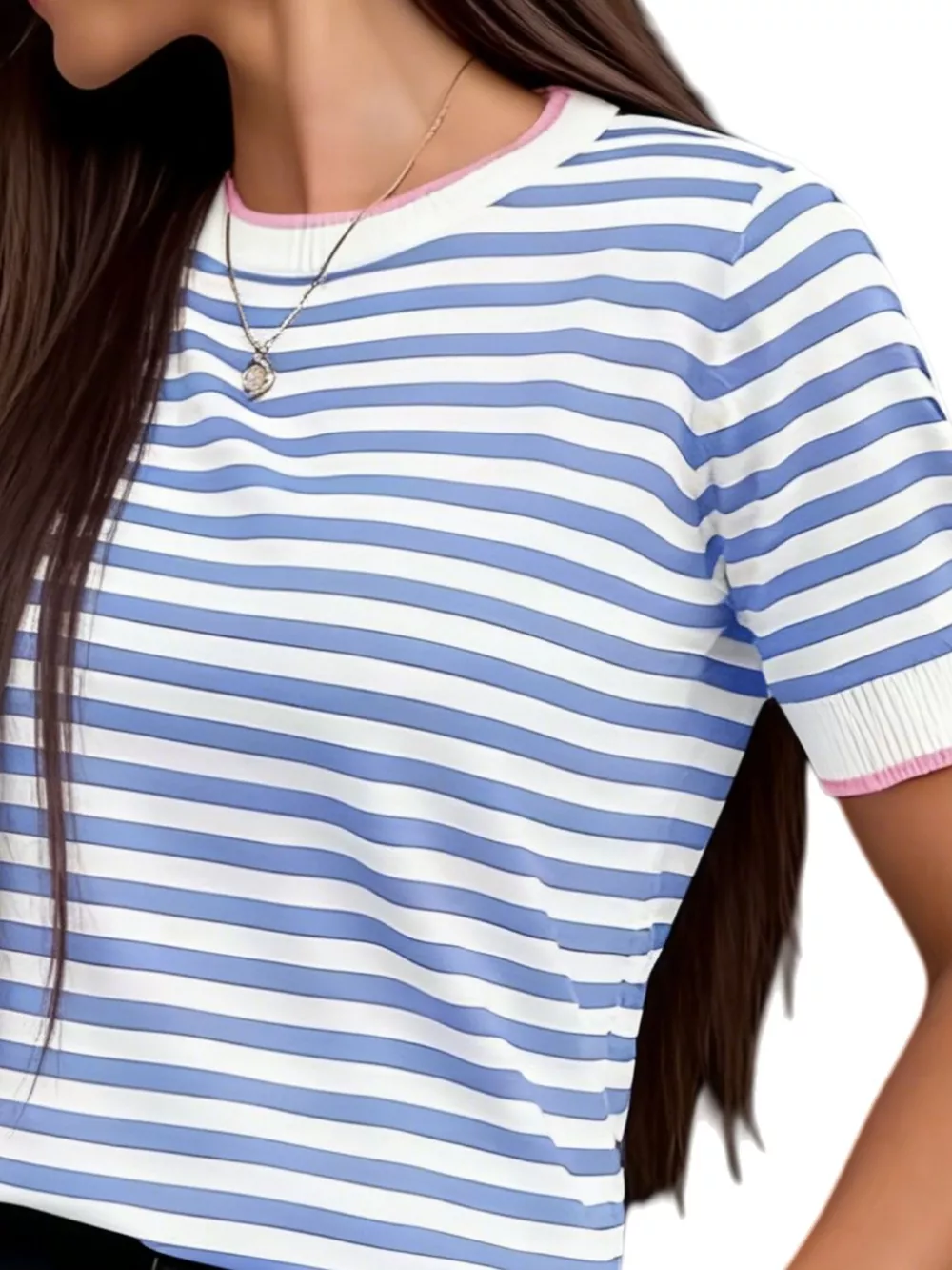 Contrast Trim Striped Short Sleeve Knit Top, image 12