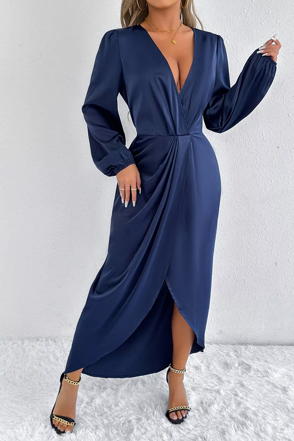 Satin Balloon Sleeve Midi Dress, image 9