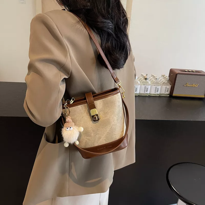 Vintage Bucket Crossbody Bag with Plush Charm, image 7