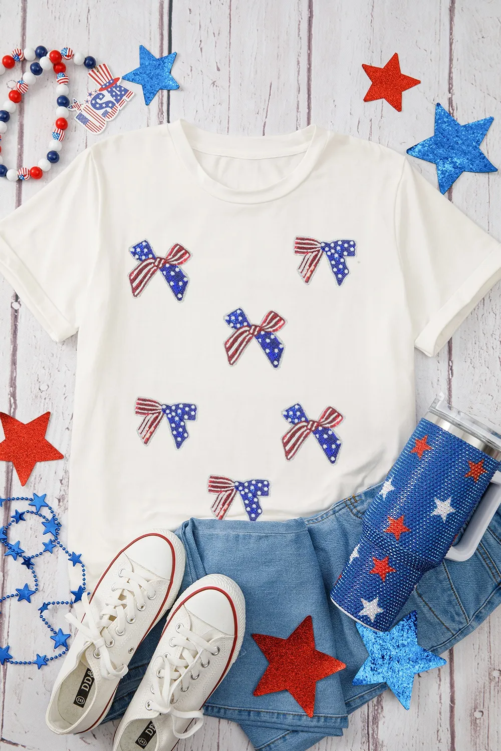 Sequin Flag Bow Pattern Crew Neck Patriotic Tee, image 5