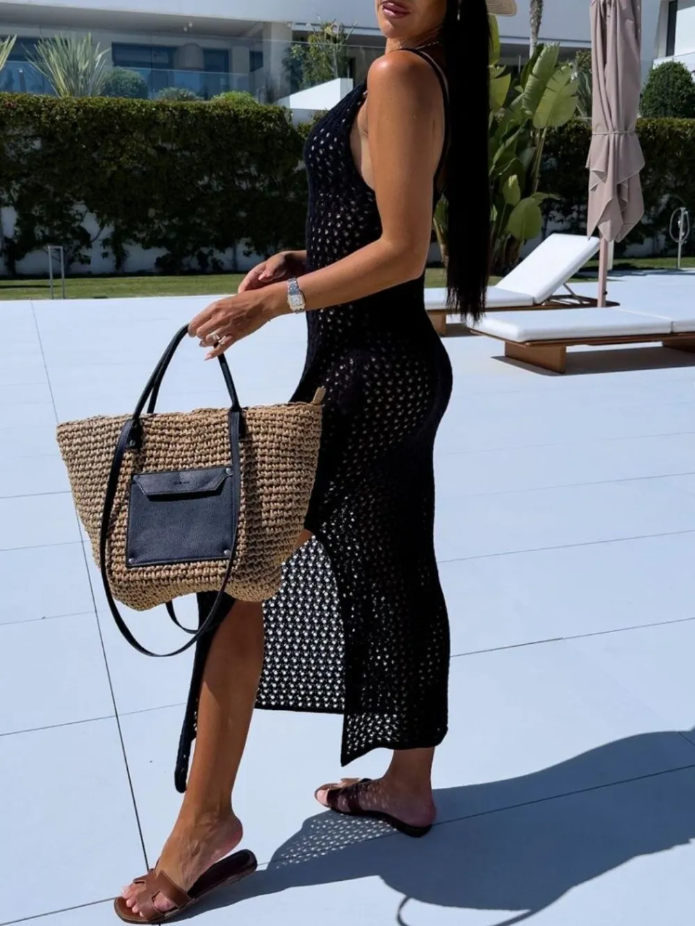 Openwork Slit Scoop Neck Sweater Dress, image 7