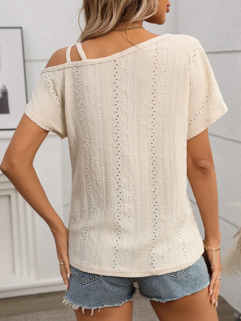 Eyelet Asymmetrical Shoulder Short Sleeve T-Shirt, image 33