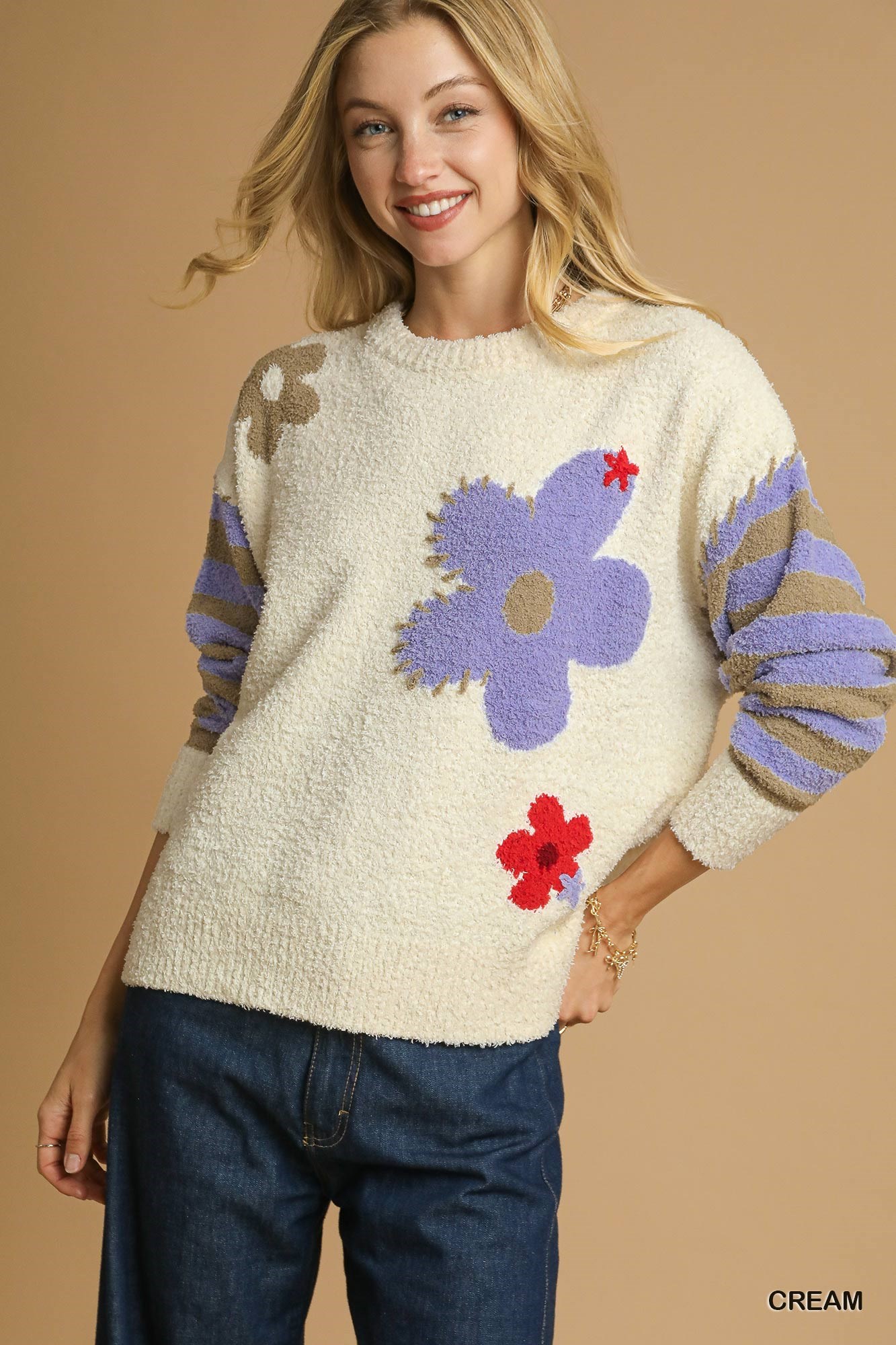 Flower Jacquard Striped Long Sleeve Sweater, image 2