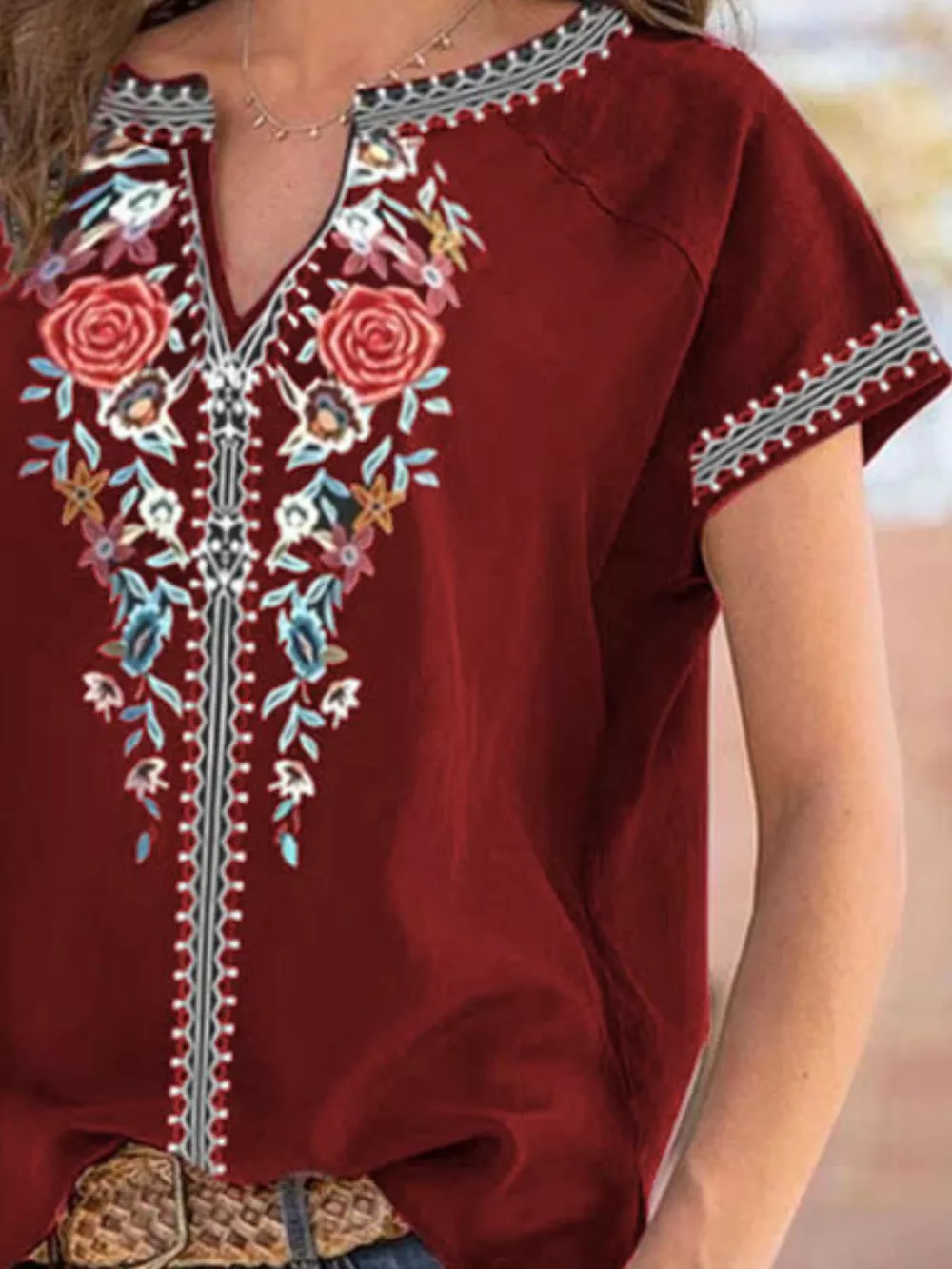 Full Size Floral Notched Short Sleeve Blouse Plus Size, image 15