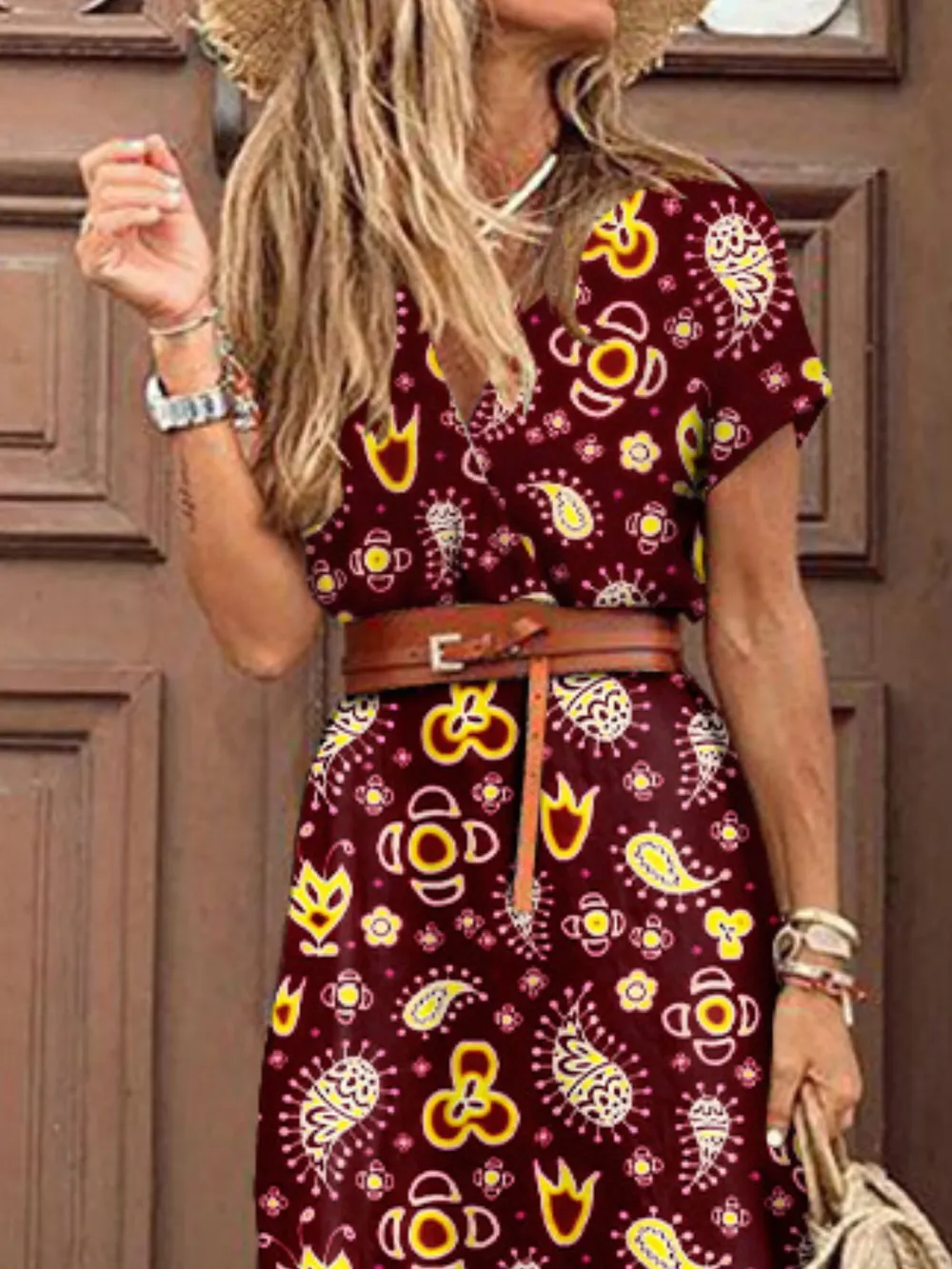 Full Size Printed V-Neck Short Sleeve Maxi Dress Plus Size, image 13